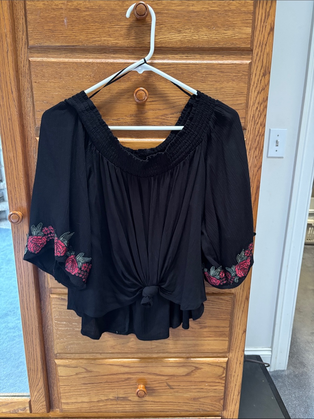 Ambiance Black Off-Shoulder Blouse with Rose Embroidery